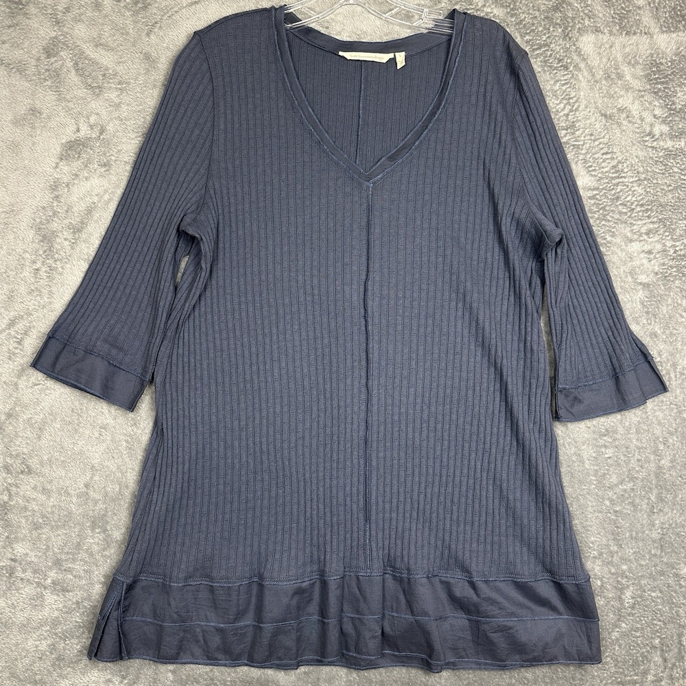 Soft Surroundings Kanyin Tunic Top Large Gray Ribbed Knit V-Neck‎ 3/4 Sleeve New